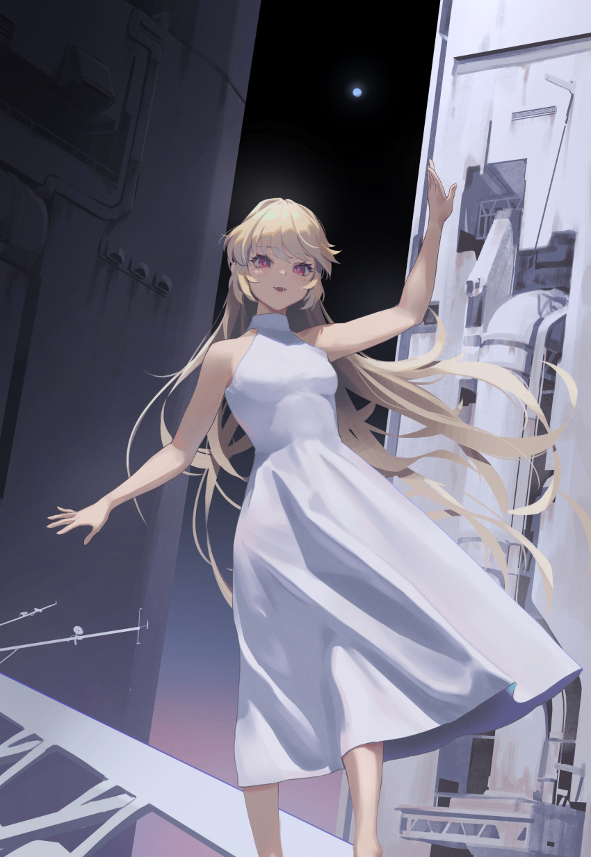 1girl absurdres bangs bare_arms bare_shoulders blonde_hair breasts commentary dress feet_out_of_frame guihuo_inferno highres long_hair looking_at_viewer mole mole_under_eye open_mouth original red_eyes sleeveless sleeveless_dress small_breasts smile solo standing star-shaped_pupils star_(symbol) symbol-shaped_pupils teeth upper_teeth very_long_hair white_dress