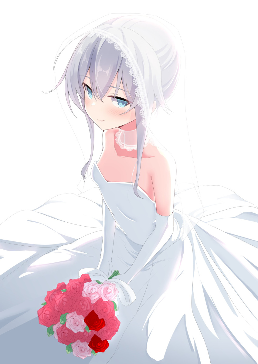1girl absurdres blue_eyes blush bouquet closed_mouth collarbone dress elbow_gloves flower gloves hair_between_eyes hibiki_(kancolle) highres holding holding_bouquet kantai_collection long_hair myht pink_flower pink_rose red_flower red_rose rose simple_background smile solo wedding_dress white_background white_dress white_gloves white_hair