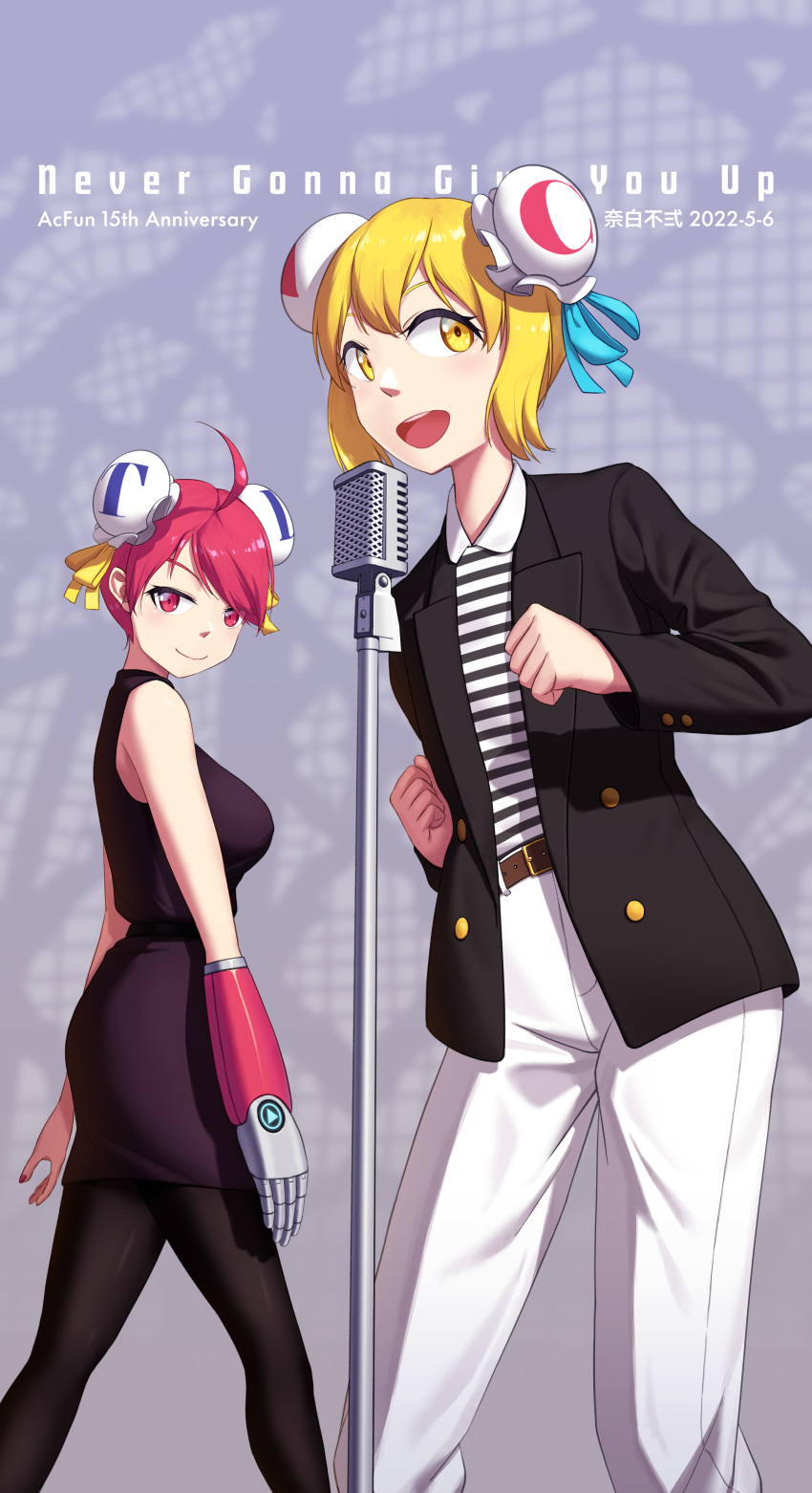 2girls absurdres acfun acfun_girl ahoge anniversary black_legwear blonde_hair blue_bow bow buernia cosplay double_bun dress hair_bun highres jacket looking_at_viewer mechanical_arms microphone_stand multiple_girls music never_gonna_give_you_up open_mouth pants pantyhose parody red_eyes redhead rick_astley rick_astley_(cosplay) shirt singing single_mechanical_arm smile striped striped_shirt td_girl white_pants yellow_bow yellow_eyes