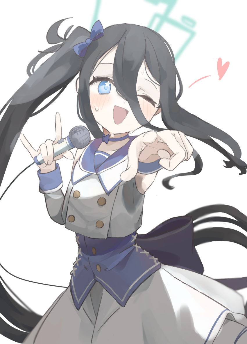 1girl ;d arisu_(blue_archive) bangs black_hair blue_archive blue_eyes boku_2020 hair_between_eyes heart highres holding holding_microphone long_hair looking_at_viewer microphone one_eye_closed open_mouth pointing pointing_at_viewer simple_background smile solo sweatdrop very_long_hair vest white_background white_vest