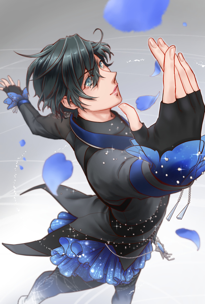 1boy black_gloves black_hair blue_eyes blue_flower blue_petals blue_rose closed_mouth figure_skating fingerless_gloves flower frills gloves highres hoshiaimitsuru jewelry long_sleeves looking_up male_focus original outstretched_arms petals rose solo