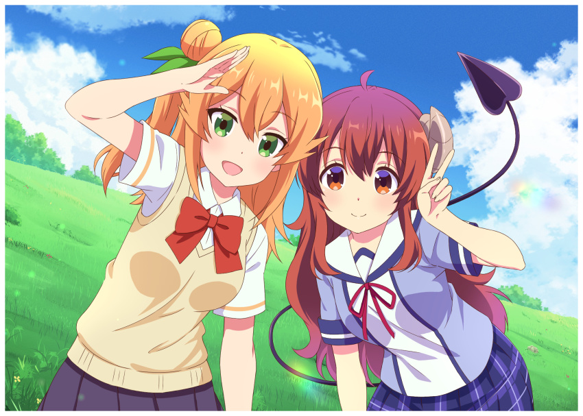 2girls :d ahoge arm_up blue_shirt blue_skirt blue_sky bow breasts brown_eyes brown_hair closed_mouth clouds collared_shirt commentary_request curled_horns day demon_girl demon_horns demon_tail dress_shirt grass green_eyes green_ribbon hair_bun hair_ribbon hand_up highres hinatsuki_mikan horns leaning_forward looking_at_viewer machikado_mazoku multiple_girls neck_ribbon one_side_up orange_hair outdoors plaid plaid_skirt pleated_skirt red_bow red_ribbon ribbon school_uniform shirt short_sleeves single_side_bun skirt sky small_breasts smile sweater_vest tail tail_raised v white_shirt x-6 yoshida_yuuko_(machikado_mazoku)