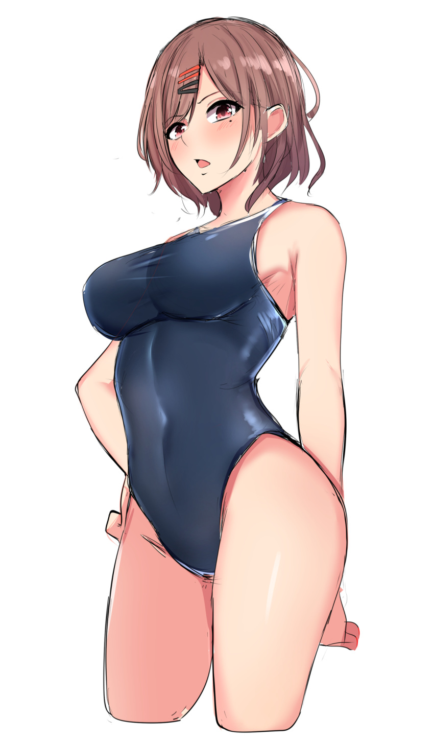 1girl bangs baretto_(karasi07) blush brown_hair brown_mouth contrapposto hair_ornament hairclip hand_on_hip highres higuchi_madoka idolmaster impossible_clothes impossible_swimsuit looking_at_viewer mole mole_under_eye open_mouth short_hair simple_background sketch solo swimsuit thighs white_background