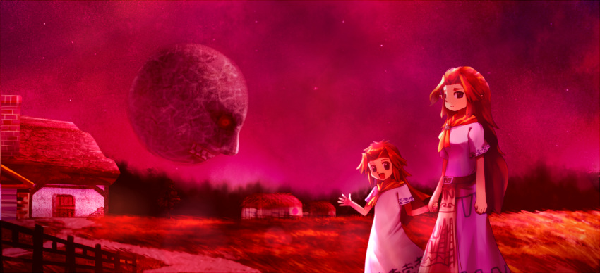 2girls arms_at_sides backlighting belt breasts clenched_teeth commentary_request cremia dress female_child fence flat_chest full_moon grass hair_intakes hands_up happy holding_hands house long_hair looking_at_viewer moon moon_(majora's_mask) multiple_girls neckerchief night open_mouth outdoors path red_theme redhead ribero road romani_(zelda) short_sleeves siblings sidelocks sisters small_breasts smile star_(sky) tabard teeth the_legend_of_zelda the_legend_of_zelda:_majora's_mask waving white_dress yellow_neckerchief
