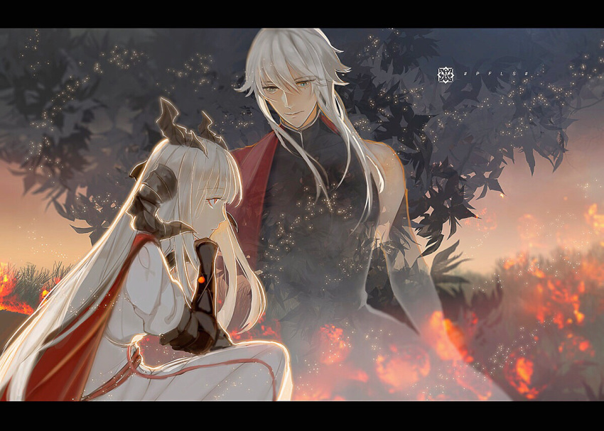 1boy 1girl black_horns blue_eyes character_request copyright_name fire grass horns letterboxed long_hair ooshi outdoors pixiv_fantasia pixiv_fantasia_last_saga red_eyes sitting tree twilight white_hair