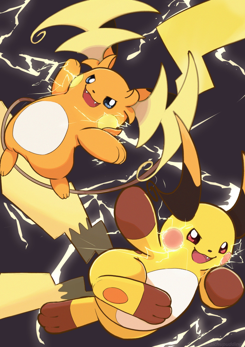 :3 absurdres blue_eyes brown_eyes commentary_request electricity fang fangs highres mega_pokemon mega_raichu_x mega_raichu_y multiple_tails no_humans open_mouth orange_fur pokemon pokemon_(creature) pokemon_focus pokemon_legends:_z-a raaaichupudding raichu red_eyes smile tail very_long_ears very_long_tail yellow_fur