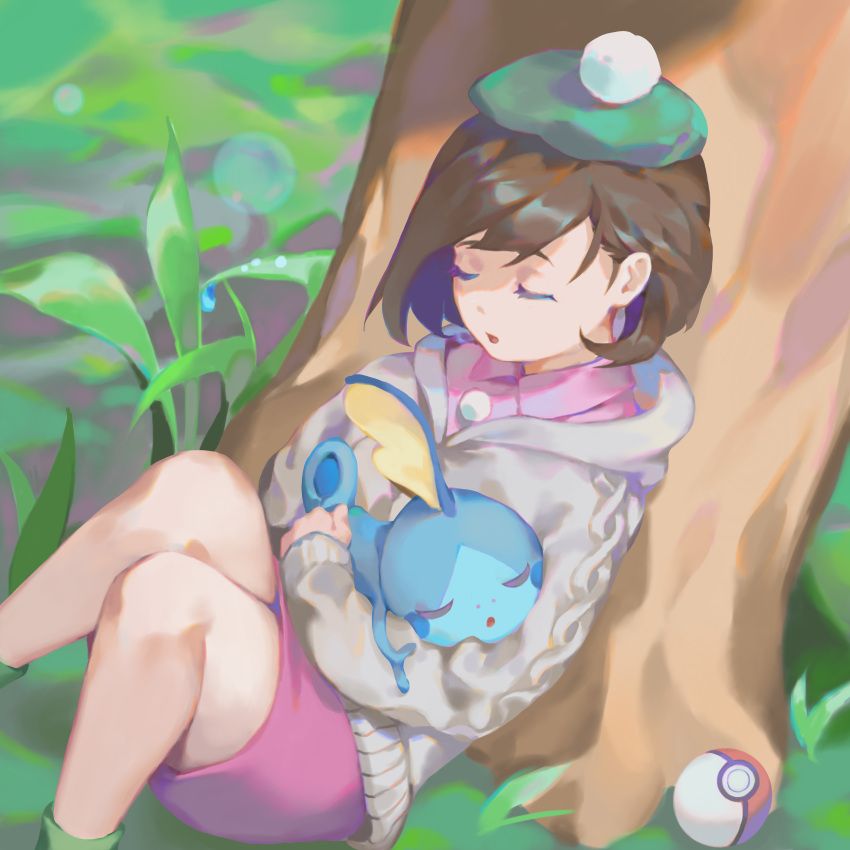 absurdres brown_hair closed_eyes creature gloria_(pokemon) grass hat highres holding holding_creature pink_shirt pink_skirt poke_ball pokemon pokemon_(game) pokemon_swsh rudenburg shirt skirt sleeping sobble sweater tam_o'_shanter tree