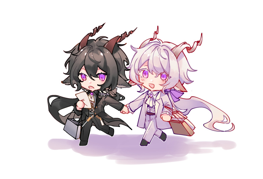 2boys animal_ears arknights bag bangs black_hair black_jacket black_pants bow brown_bow chibi collared_shirt commentary_request ebenholz_(arknights) epaulettes eyebrows_visible_through_hair grey_shirt hair_between_eyes hair_bow highres holding_hands horns jacket kreide_(arknights) long_hair long_sleeves low_ponytail male_focus multiple_boys open_clothes open_jacket pants paper_bag ponytail purple_bow shadow shirt shopping_bag simple_background suinianflo very_long_hair violet_eyes walking white_background white_hair white_jacket white_pants white_shirt