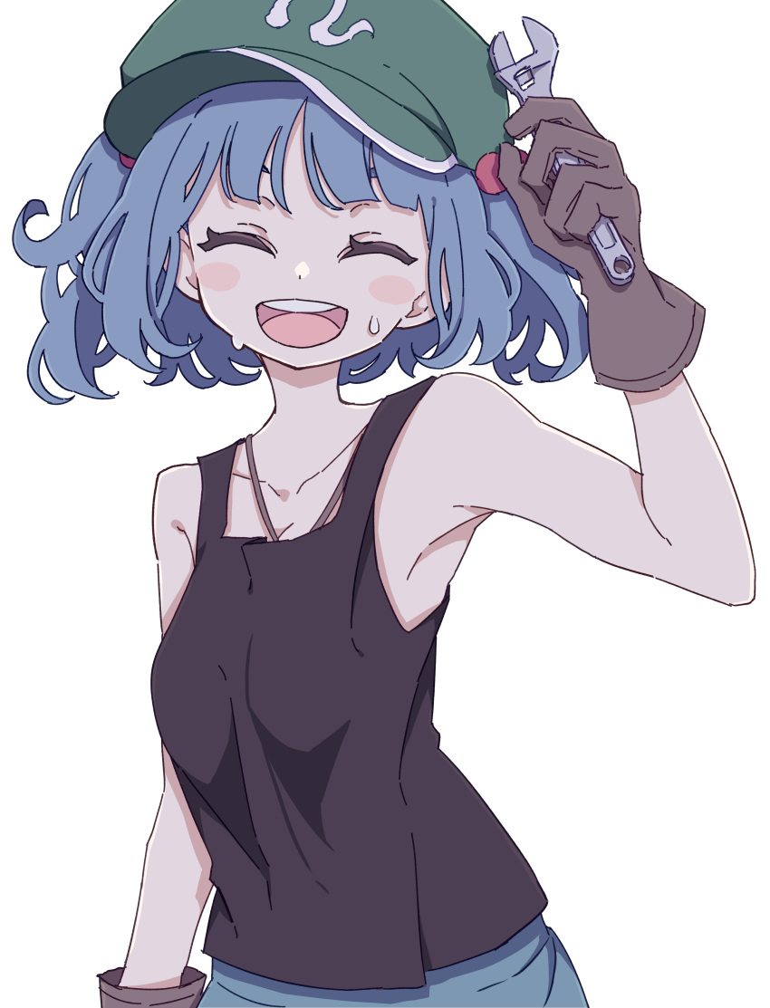 1girl absurdres blue_hair blush_stickers brown_gloves closed_eyes collarbone flat_cap gloves green_headwear hair_bobbles hair_ornament hat highres holding holding_wrench kame_(kamepan44231) kawashiro_nitori one-hour_drawing_challenge open_mouth round_teeth short_hair simple_background smile solo teeth touhou twintails upper_body upper_teeth white_background wrench
