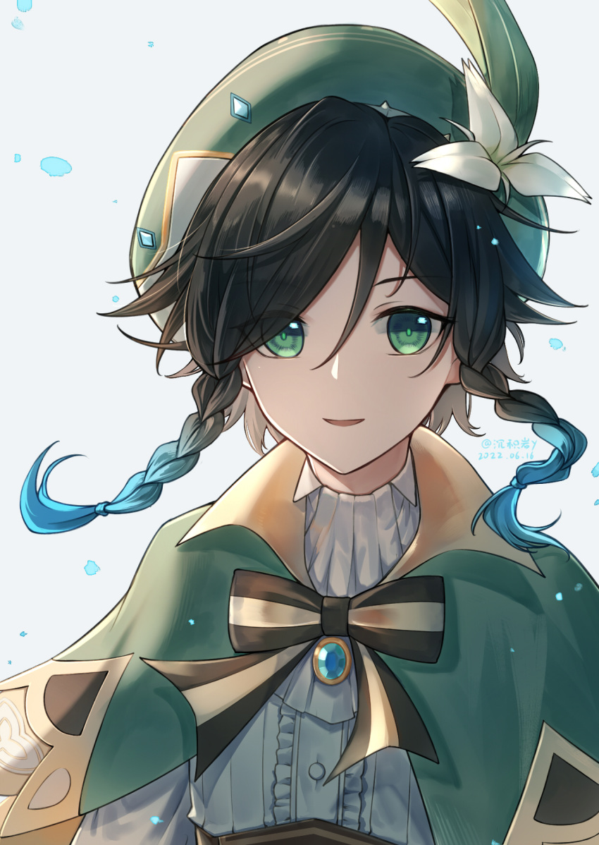 1boy androgynous bangs beret black_hair blue_hair bow braid brooch cape chenjiyan_y collared_cape collared_shirt commentary_request dated eyebrows_visible_through_hair eyes_visible_through_hair flower gem genshin_impact gradient_hair green_cape green_eyes green_headwear hat hat_flower highres jewelry leaf looking_at_viewer male_focus multicolored_hair open_mouth shirt short_hair_with_long_locks side_braids sidelocks smile solo twin_braids twitter_username venti_(genshin_impact) white_background white_flower white_shirt