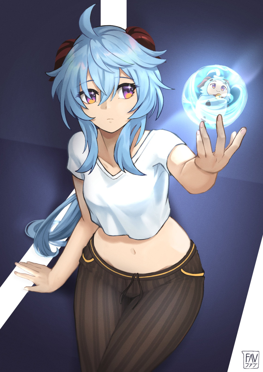 1girl absurdres ahoge arm_support bangs blue_hair crop_top eyebrows_visible_through_hair fav_faris ganyu_(genshin_impact) genshin_impact highres horns legs_together long_hair looking_at_another looking_to_the_side navel orb shirt sidelocks sitting solo t-shirt violet_eyes white_shirt