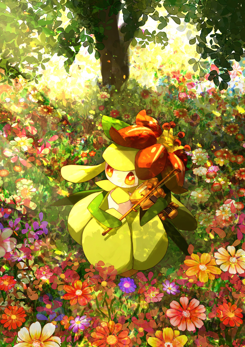 1girl absurdres blue_flower bow_(music) bright_pupils colored_skin colorful commentary_request crown dappled_sunlight field flat_chest flower flower_field full_body grass green_hair green_skin hair_flower hair_ornament hand_up highres holding holding_bow_(music) holding_instrument instrument lilligant long_hair mini_crown mixed-language_commentary monster_girl multicolored_skin music orange_flower outdoors pink_flower plant_girl playing_instrument pokemon pokemon_(creature) purple_flower red_eyes red_flower ribero solo standing sunlight tilted_headwear tree two-tone_skin violin white_flower white_pupils white_skin yellow_flower yellow_headwear