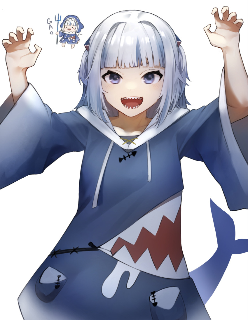 1girl absurdres blue_eyes blue_hair eyebrows_visible_through_hair fish_tail gawr_gura highres hololive hololive_english hood hoodie long_sleeves looking_at_viewer multicolored_hair shark_tail sharp_teeth solo streaked_hair tail teeth upper_body virtual_youtuber white_hair