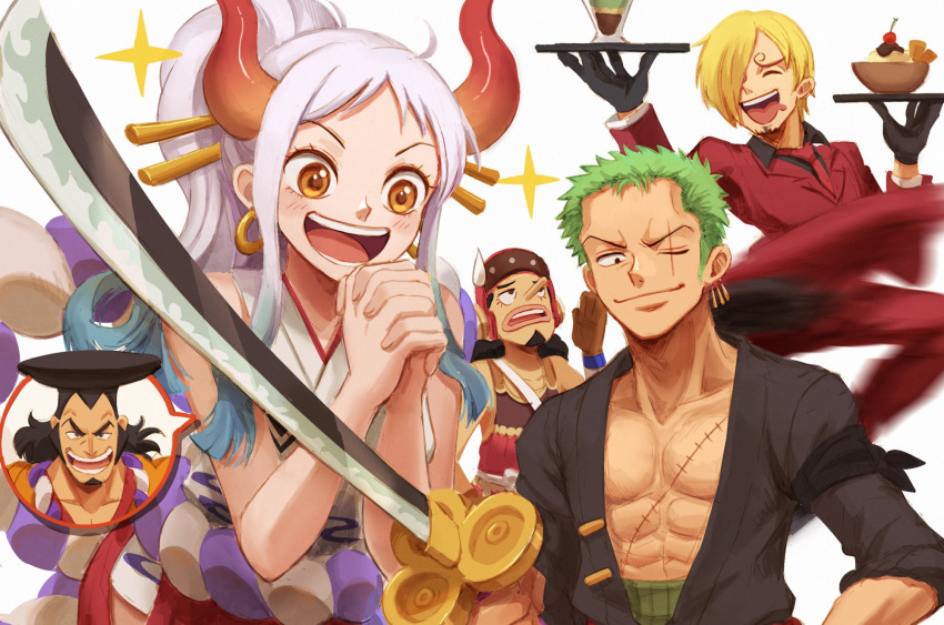 1girl 4boys abs annoyed aqua_hair bare_arms bare_shoulders beard black_hair blonde_hair closed_eyes closed_mouth collared_shirt curled_horns drooling earrings facial_hair food formal friends gloves green_hair hair_ornament hair_over_one_eye hair_stick hat height_difference high_ponytail highres holding holding_sword holding_tray holding_weapon horns imminent_kick impossible_hair japanese_clothes jewelry jumping katana kimono kouzuki_oden long_hair long_sleeves looking_at_another motion_blur mouth_drool multicolored_hair multicolored_horns multiple_boys necktie oekakiboya one_eye_closed one_piece oni open_mouth orange_eyes orange_horns own_hands_clasped own_hands_together pants pectorals pink_hair red_horns rope roronoa_zoro sanji scar scar_across_eye scar_on_chest shimenawa shirt short_hair sidelocks simple_background sleeveless sleeveless_kimono smile sparkle suit sweatdrop sword tall_female toned toned_male tray usopp weapon white_background wing_collar yamato_(one_piece)