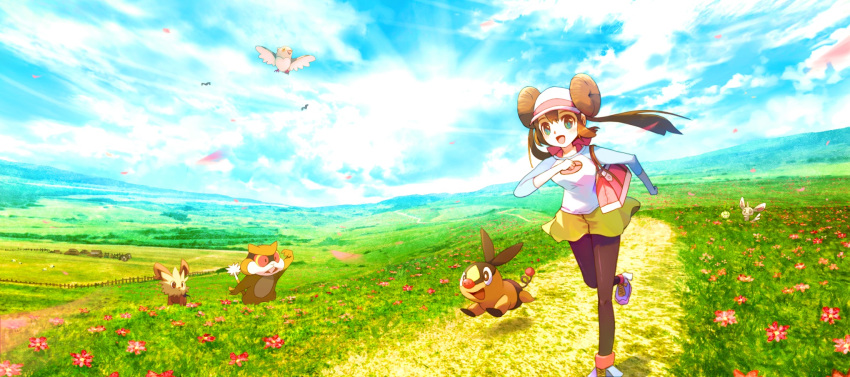 1girl bag bird black_legwear blue_sky brown_hair clouds cloudy_sky commentary_request day double_bun flower flying grass green_eyes hair_bun handbag highres hill landscape legwear_under_shorts lillipup long_hair minccino open_mouth outdoors pantyhose path patrat petilil pidove pokemon pokemon_(creature) pokemon_(game) pokemon_bw2 raglan_sleeves red_flower revision ribero road rosa_(pokemon) running scenery shoes short_shorts shorts sky smile sneakers tepig twintails visor_cap yellow_shorts