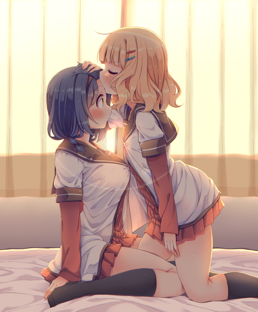 2girls absurdres bed bedroom blonde_hair blue_hair blush breasts closed_eyes curtains furutani_himawari hair_ornament hairband hairclip highres indoors kiss kissing_forehead kneeling large_breasts looking_at_another medium_hair multiple_girls nanamori_school_uniform no_shoes oomuro_sakurako rainbow school_uniform skirt socks sunlight takahero yellow_eyes yuri yuru_yuri