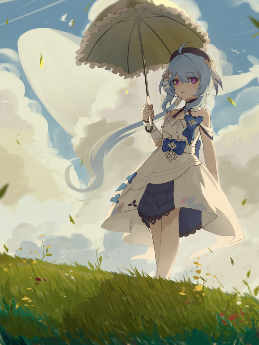 1girl ahoge bangs bare_shoulders beret blue_hair blue_sky clouds cloudy_sky dress grass griseo hat highres holding holding_umbrella honkai_(series) honkai_impact_3rd long_hair looking_at_viewer open_mouth outdoors short_sleeves sky solo standing twintails umbrella violet_eyes weeiskaw white_dress