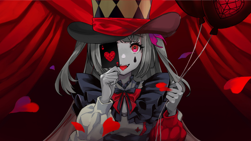 1girl ace_of_hearts argyle argyle_hat asymmetrical_sleeves balloon black_ribbon bow bowtie card clown colored_skin covering_one_eye envy_baby_(vocaloid) grey_skin hands_up hat heart heart_in_eye highres hina_misora holding holding_balloon holding_card long_hair long_sleeves looking_at_viewer mismatched_sleeves neck_ruff puffy_long_sleeves puffy_sleeves red_bow red_curtains red_eyes ribbon ru_roiroiro sidelocks solo stage stage_curtains symbol_in_eye teardrop_facial_mark teeth tongue tongue_out top_hat two_side_up upper_teeth virtual_youtuber wactor_production