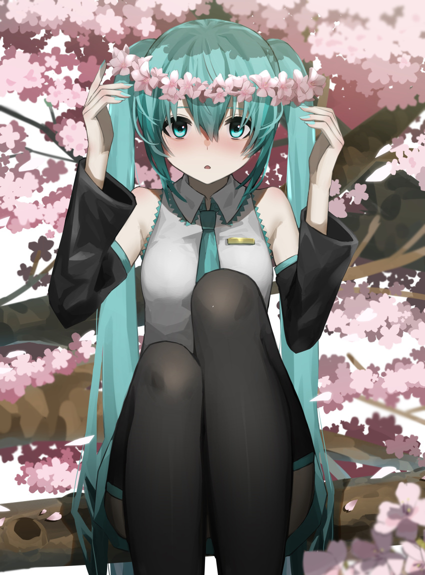 1girl absurdres bangs blue_eyes blue_hair blush cherry_blossoms chestnut_mouth collared_shirt detached_sleeves hands_up hatsune_miku head_wreath highres in_tree knees_up long_hair long_sleeves looking_at_viewer nail_polish necktie pantyhose parted_lips shirt sitting sitting_in_tree skirt sleeveless sleeveless_shirt socks_over_pantyhose solo thigh-highs tree twintails upin_0520 very_long_hair vocaloid
