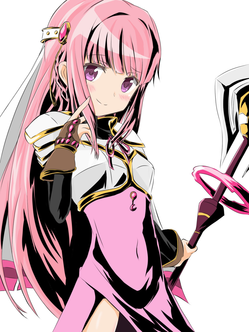 1girl alternate_costume armor bangs blunt_bangs bodystocking breastplate breasts cosplay dress fingerless_gloves gloves highres long_hair magia_record:_mahou_shoujo_madoka_magica_gaiden mahou_shoujo_madoka_magica nanami_yachiyo nanami_yachiyo_(cosplay) pink_eyes pink_hair sidelocks small_breasts solo tamaki_iroha