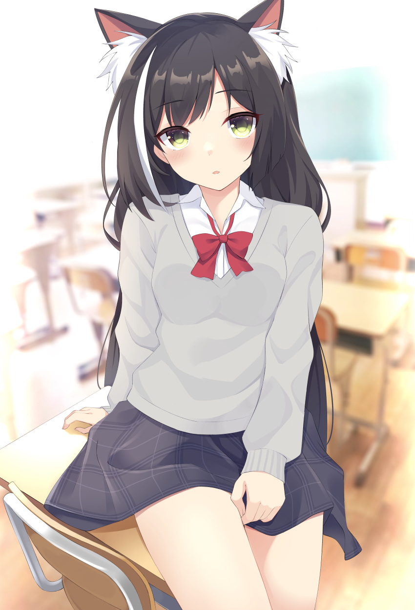 1girl absurdres alternate_costume animal_ear_fluff animal_ears bangs black_hair black_skirt blurry blurry_background blush bow bowtie breasts casual cat_ears chair classroom collarbone contemporary decision5021 desk feet_out_of_frame green_eyes grey_sweater highres indoors karyl_(princess_connect!) long_hair long_sleeves looking_at_viewer multicolored_hair open_mouth princess_connect! red_bow red_bowtie school_chair school_desk shirt sitting skirt small_breasts solo streaked_hair sweater white_shirt
