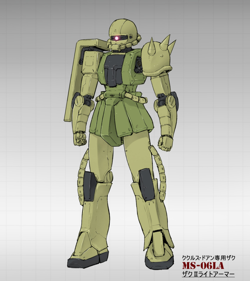 character_name clenched_hands glowing glowing_eye gundam highres mecha mobile_suit mobile_suit_gundam mobile_suit_gundam:_cucuruz_doan's_island no_humans one-eyed pink_eyes sadamatsu_ryuuichi shoulder_spikes solo spikes standing zaku_ii zeon