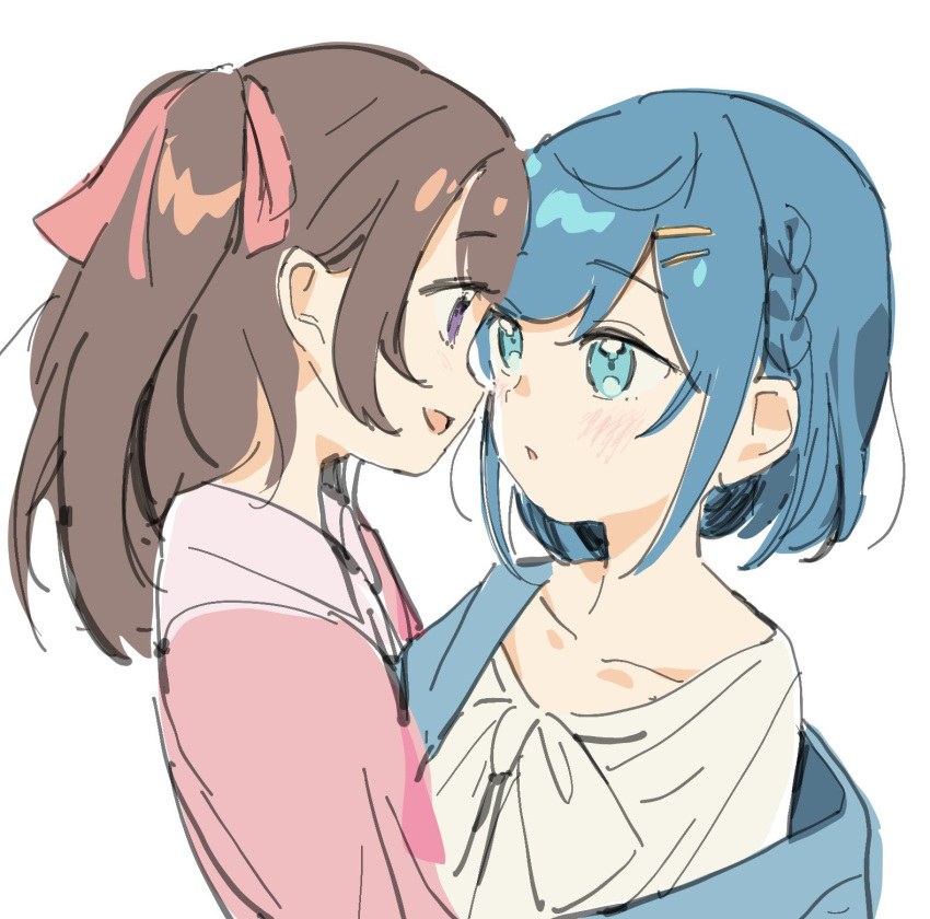 2girls blue_eyes blue_hair blush brown_hair character_request collarbone copyright_request eye_contact face-to-face from_side hair_ribbon highres koga_(masaka_panda) long_hair looking_at_another multiple_girls one_side_up open_mouth pink_ribbon ribbon short_hair simple_background sketch violet_eyes white_background yuri