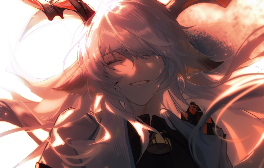 1boy animal_ears arknights backlighting bangs black_shirt closed_eyes collared_shirt crying facing_viewer goat_boy goat_ears goat_horns highres horns jacket jewelry kreide_(arknights) necklace nourfeiar open_clothes open_jacket oripathy_lesion_(arknights) parted_lips shirt smile solo swept_bangs tears upper_body white_jacket