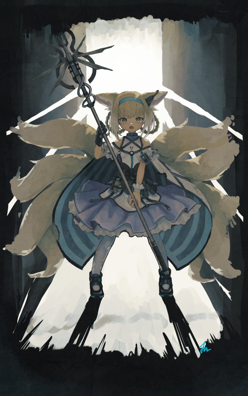1girl absurdres animal_ear_fluff animal_ears arknights bangs bare_shoulders black_footwear blonde_hair blue_hairband blue_skirt braid commentary_request eyebrows_visible_through_hair fox_ears fox_girl fox_tail green_eyes hair_rings hairband highres holding holding_staff jun_(jun0000000000) kitsune looking_at_viewer multicolored_hair open_mouth pantyhose shirt shoes skirt solo staff standing suzuran_(arknights) tail twin_braids two-tone_hair white_hair white_legwear white_shirt