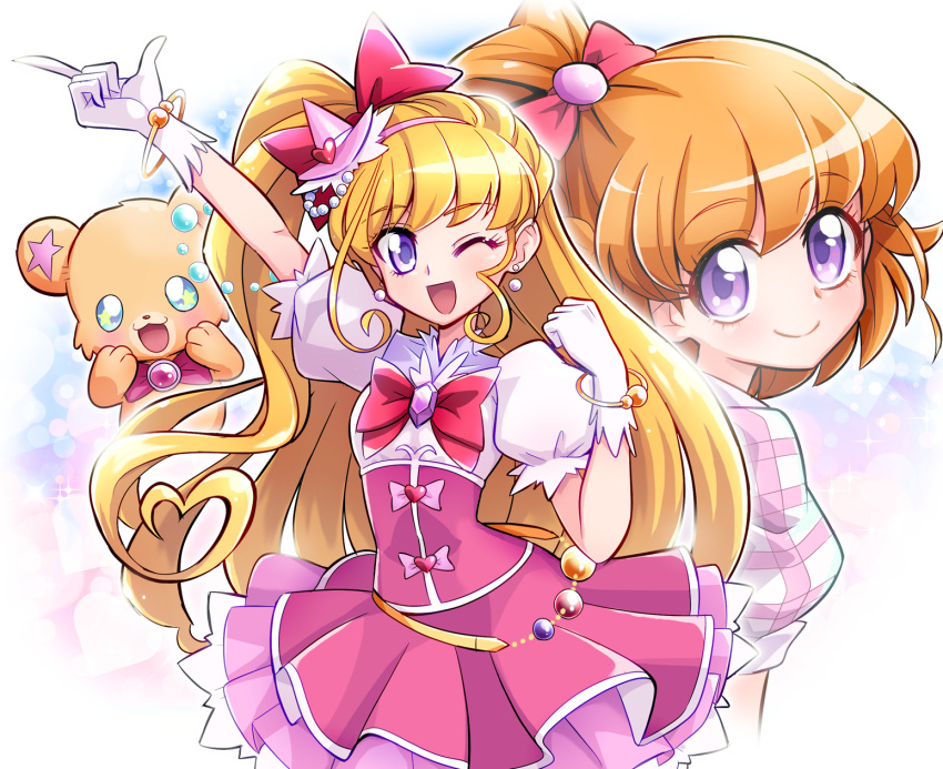 2girls arm_up asahina_mirai back bear belt blonde_hair bracelet cure_miracle diamond-shaped_brooch diamond_brooch dress dual_persona earrings eyebrows_visible_through_hair gloves gradient gradient_background hat highres jewelry long_hair looking_back magical_girl mahou_girls_precure! medium_hair mini_hat mini_witch_hat mofurun_(mahou_girls_precure!) multiple_girls open_mouth pink_dress pink_headwear pink_shirt plaid plaid_shirt precure puffy_short_sleeves puffy_sleeves shirt short_sleeves star_(symbol) star_in_eye stuffed_animal stuffed_toy symbol_in_eye teddy_bear two-tone_dress usoco violet_eyes white_background white_dress white_gloves witch_hat