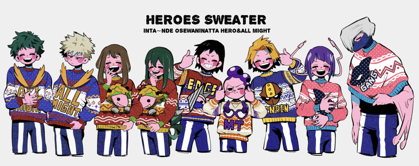 3girls 6+boys anna_(aannnaa3) asui_tsuyu audio_jack bakugou_katsuki bangs black_hair black_shirt blonde_hair blue_pants blue_sweater blunt_bangs blush boku_no_hero_academia brown_hair character_name character_print closed_eyes closed_mouth colored_skin commentary cropped_legs double_thumbs_up edgeshot facing_viewer freckles gang_orca green_hair grey_background grey_hair grin hair_rings hand_up happy highres jirou_kyouka kaminari_denki kamui_woods long_hair long_sleeves low-tied_long_hair midoriya_izuku mineta_minoru mount_lady multicolored_sweater multiple_boys multiple_girls one_eye_closed open_mouth orange_sweater pants pink_skin pink_sweater print_sweater purple_hair red_eyes red_sweater romaji_text ryuukyuu sero_hanta shirt short_hair shouji_mezou sidelocks simple_background smile spiky_hair standing sweater thumbs_up uraraka_ochako