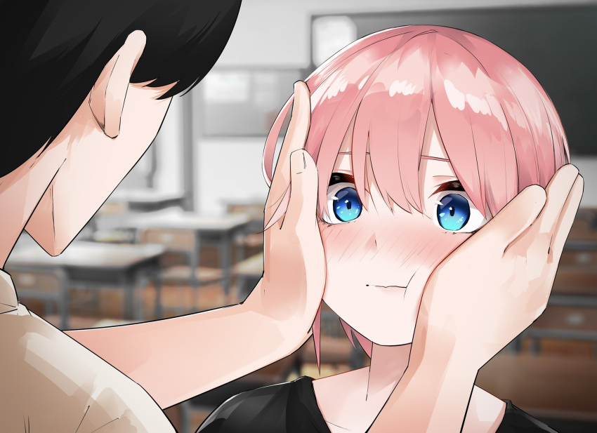1boy 1girl bangs black_hair black_shirt blue_eyes blurry blurry_background blush closed_mouth commentary_request go-toubun_no_hanayome hair_between_eyes hands_on_another's_cheeks hands_on_another's_face highres mame1645 nakano_ichika pink_hair shirt short_hair uesugi_fuutarou upper_body white_shirt