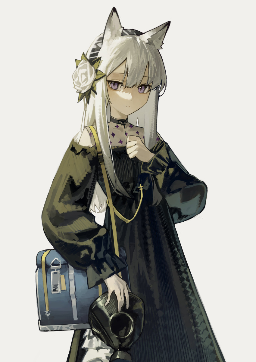 1girl absurdres animal_ear_fluff animal_ears arknights bag black_dress cowboy_shot dress flower gas_mask grey_hair hair_flower hair_ornament hairband hand_on_own_chest heavyrain_(arknights) heavyrain_(tranquil_moss)_(arknights) highres horse_ears long_hair long_sleeves looking_at_viewer mask mask_removed official_alternate_costume parted_lips rose shoulder_bag simple_background solo striped striped_hairband violet_eyes white_background white_flower white_rose yoon_cook