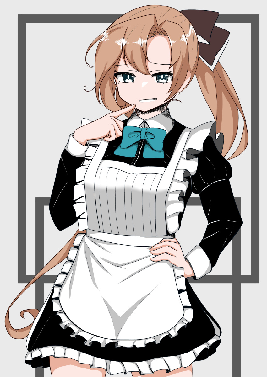 1girl absurdres akigumo_(kancolle) alternate_costume apron black_dress blue_bow blue_bowtie bow bowtie brown_hair brown_ribbon cowboy_shot dress enmaided finger_to_mouth green_eyes grin hair_ribbon hand_on_hip highres kantai_collection long_hair looking_at_viewer maid maid_apron ponytail ribbon smile solo tokiwa_senkei