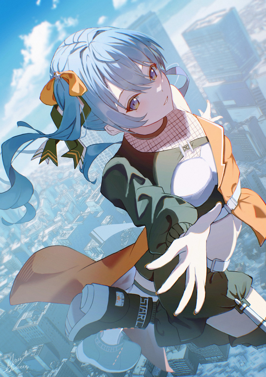 1girl absurdres bangs belt black_footwear blue_eyes blue_sky bow building clouds commentary cropped_jacket fishnet_top fishnets foot_out_of_frame green_jacket green_shirt hair_bow highres hololive hoshimachi_suisei jacket light_blue_hair light_smile looking_at_viewer looking_back maria_onnette midriff multicolored_clothes multicolored_jacket multiple_belts one_side_up orange_jacket outdoors outstretched_arms shirt shoes shorts sidelocks sky skyscraper smile sneakers spread_arms star-shaped_pupils star_(symbol) symbol-only_commentary symbol-shaped_pupils two-tone_jacket virtual_youtuber white_belt white_shirt yellow_bow