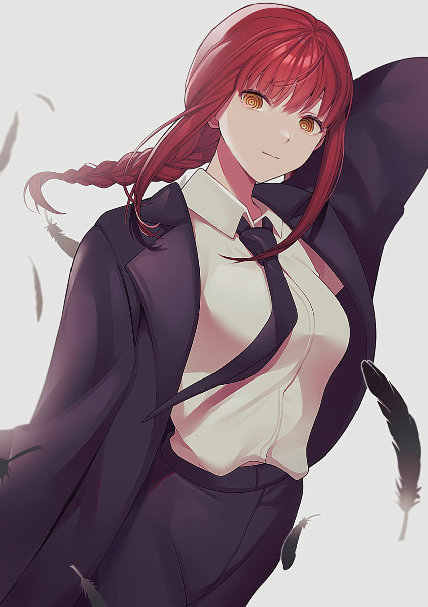 1girl bangs black_necktie black_pants braid braided_ponytail breasts chainsaw_man collared_shirt feathers formal highres long_coat long_hair long_sleeves makima_(chainsaw_man) medium_breasts necktie pants raimone26 redhead ringed_eyes shirt simple_background smile solo white_background white_shirt yellow_eyes