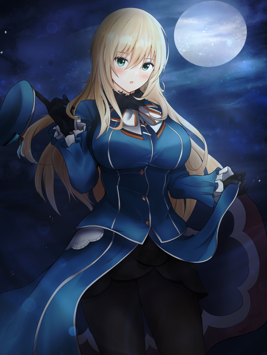 1girl abataa absurdres ascot atago_(kancolle) beret black_gloves black_legwear blonde_hair blue_headwear breasts full_moon gloves green_eyes hair_between_eyes hat headwear_removed highres holding holding_clothes holding_hat kantai_collection large_breasts long_hair long_sleeves military military_uniform moon night night_sky outdoors overskirt pantyhose sky solo standing uniform white_ascot