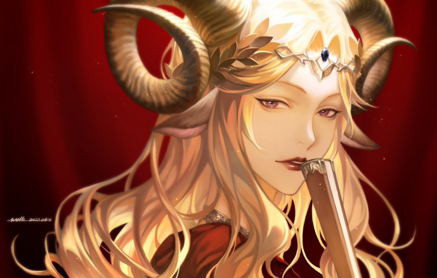 1girl animal_ears arknights artist_name blonde_hair character_request circlet curtains dated folded_fan folding_fan goat_ears goat_girl goat_horns hand_fan highres holding holding_fan horns jewelry lipstick long_hair looking_at_viewer makeup mature_female necklace parted_lips portrait red_lips signature solo twin_empresses_(arknights) violet_eyes welllllll