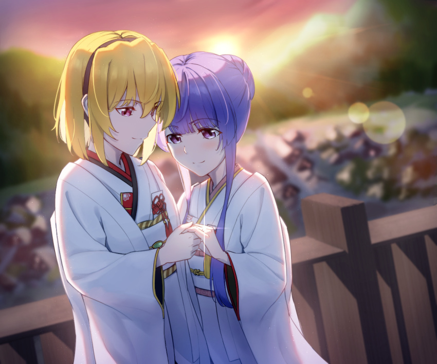 bangs blonde_hair blunt_bangs blurry blurry_background blush bride dconan_owo furude_rika glint hair_bun higurashi_no_naku_koro_ni holding_hands houjou_satoko japanese_clothes jewelry kimono lens_flare looking_down medium_hair purple_hair red_eyes ring shiromuku short_hair_with_long_locks sidelocks smile uchikake violet_eyes wedding wedding_ring white_kimono yuri