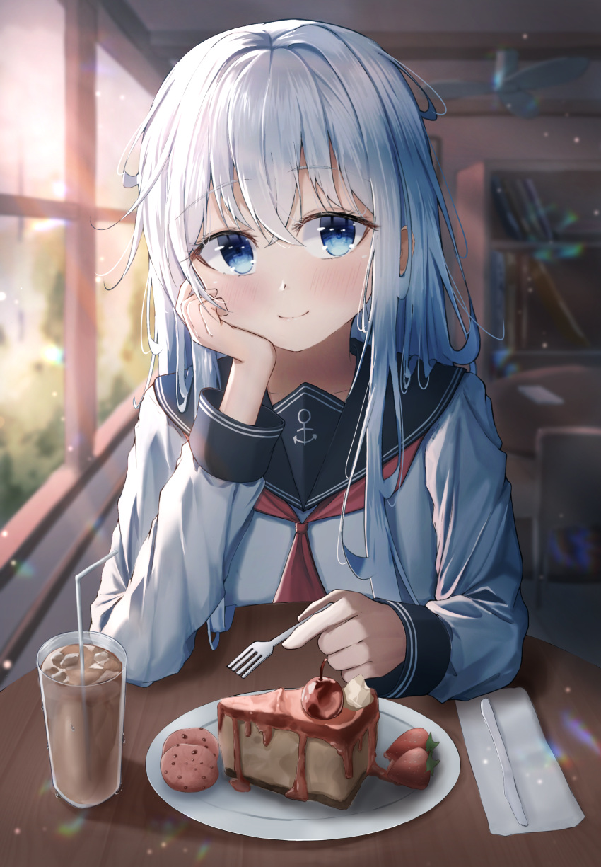 1girl absurdres anchor_symbol black_sailor_collar blue_eyes blush cake cake_slice cherry closed_mouth cup dfd drink drinking_glass drinking_straw eyebrows_visible_through_hair food fork fruit hair_between_eyes hibiki_(kancolle) highres holding holding_fork kantai_collection long_hair long_sleeves looking_at_viewer neckerchief no_hat no_headwear red_neckerchief sailor_collar school_uniform serafuku smile solo strawberry white_hair