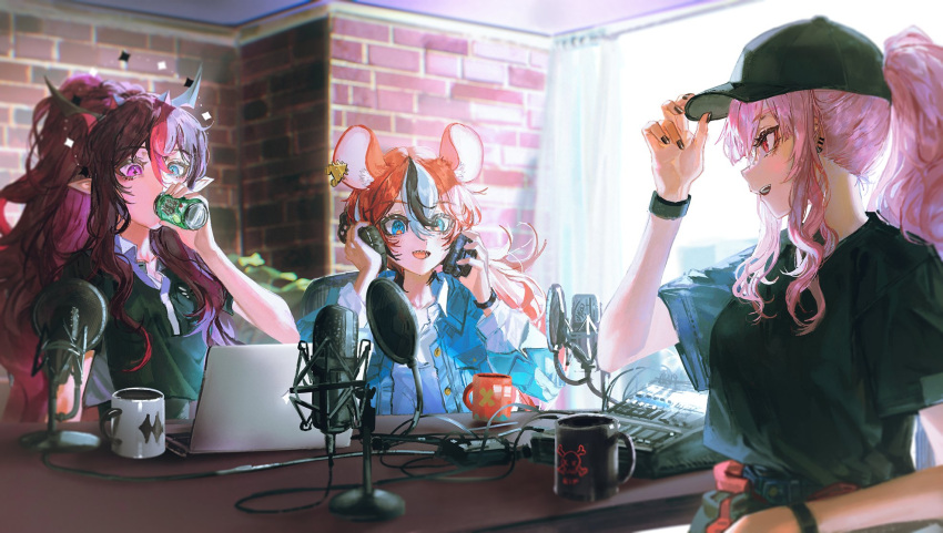 3girls bangs baseball_cap black_hair black_headwear black_shirt blue_eyes blue_jacket brick_wall can computer cup drinking hair_between_eyes hakos_baelz hat headphones headphones_around_neck heterochromia highres holding holding_can hololive hololive_english horns indoors irys_(hololive) jacket laptop long_hair long_sleeves microphone mori_calliope multicolored_hair multiple_girls open_clothes open_jacket open_mouth pink_hair pointy_ears ponytail quasarcake red_eyes redhead shirt short_sleeves sidelocks streaked_hair violet_eyes virtual_youtuber white_hair wristband