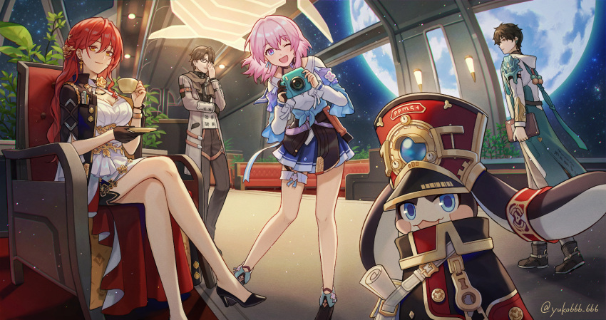 2boys 2girls ankle_boots bare_legs black_footwear boots breasts character_request closed_mouth commentary_request crossed_legs cup full_moon high_heels highres himeko_(honkai:_star_rail) holding holding_cup honkai:_star_rail honkai_(series) large_breasts looking_at_viewer march_7th_(honkai:_star_rail) moon multicolored_eyes multiple_boys multiple_girls open_mouth orange_eyes pink_hair redhead short_hair sitting smile teacup yuko666