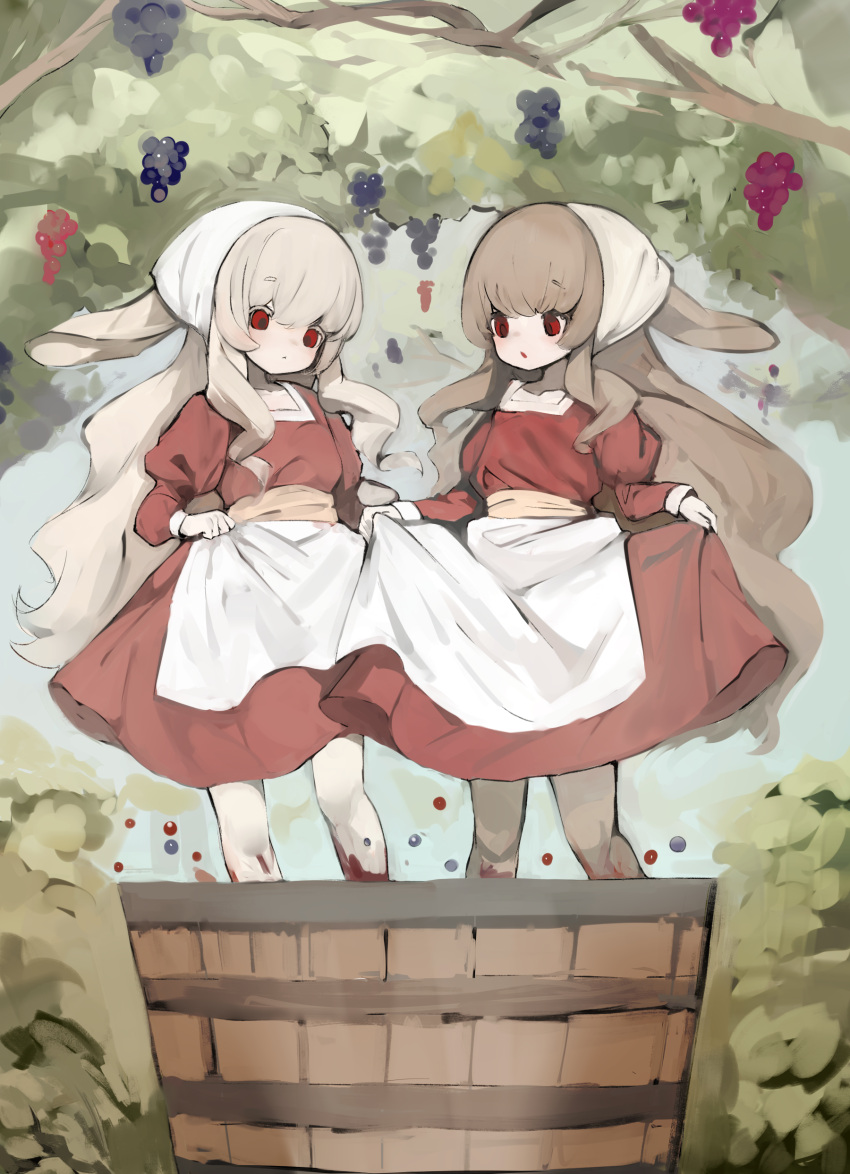 2girls absurdres animal_ears brown_hair bucket dot_mouth dress empty_eyes food fruit grape_stomping grapes head_scarf highres holding holding_clothes holding_dress light_brown_hair long_hair multiple_girls open_mouth original puffy_sleeves rabbit rabbit_ears red_dress red_eyes shirokujira very_long_hair