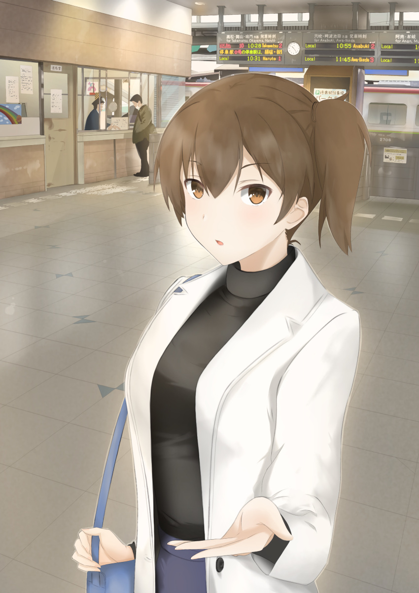 1girl absurdres bag black_sweater blue_skirt brown_eyes brown_hair coat highres kaga_(kancolle) kantai_collection long_hair looking_at_viewer official_alternate_costume open_clothes open_coat shi_(yuzuki) shoulder_bag side_ponytail skirt solo sweater train_station white_coat