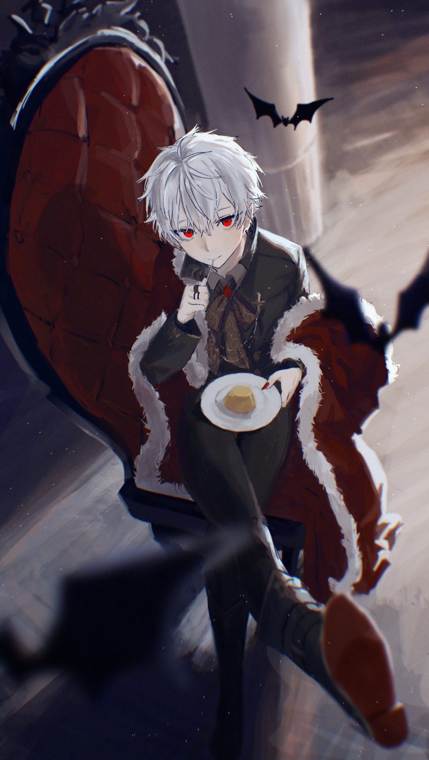 1boy bangs bat black_footwear black_pants boots bow bowtie cape commentary dutch_angle earrings eating food fork full_body fur-trimmed_cape fur_trim highres holding holding_plate indoors jewelry kuzuha_(nijisanji) light_particles looking_at_viewer male_focus multiple_earrings multiple_rings nagikiho nail_polish nijisanji off_shoulder pants patterned_clothing plate pole pudding red_cape red_eyes red_nails ring short_hair sitting solo utensil_in_mouth virtual_youtuber white_hair