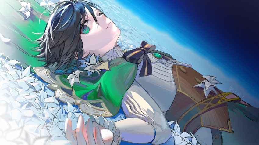 1boy androgynous bangs black_hair blue_hair bow braid brooch cape closed_mouth collared_cape collared_shirt commentary_request corset dutch_angle flower frilled_sleeves frills gem genshin_impact gradient_hair green_cape green_eyes highres jewelry long_sleeves looking_at_viewer lying male_focus multicolored_hair on_back shirt short_hair_with_long_locks side_braids sidelocks smile solo twin_braids vanink venti_(genshin_impact) white_flower white_shirt
