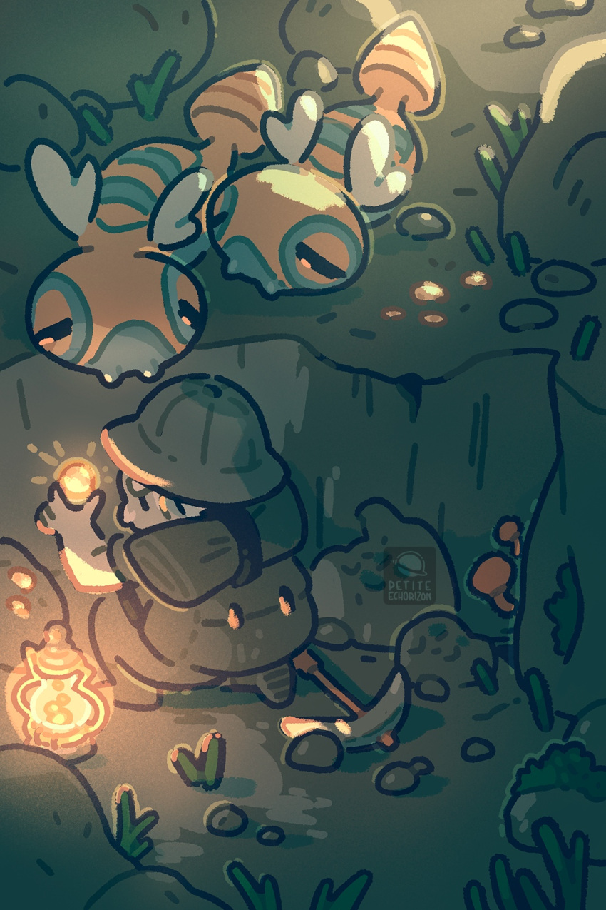 black_eyes cave_interior closed_eyes dunsparce fangs grass highres lantern miner mining mining_helmet mushroom petite_echorizon pickaxe pokemon pokemon_(creature) pokemon_focus wings