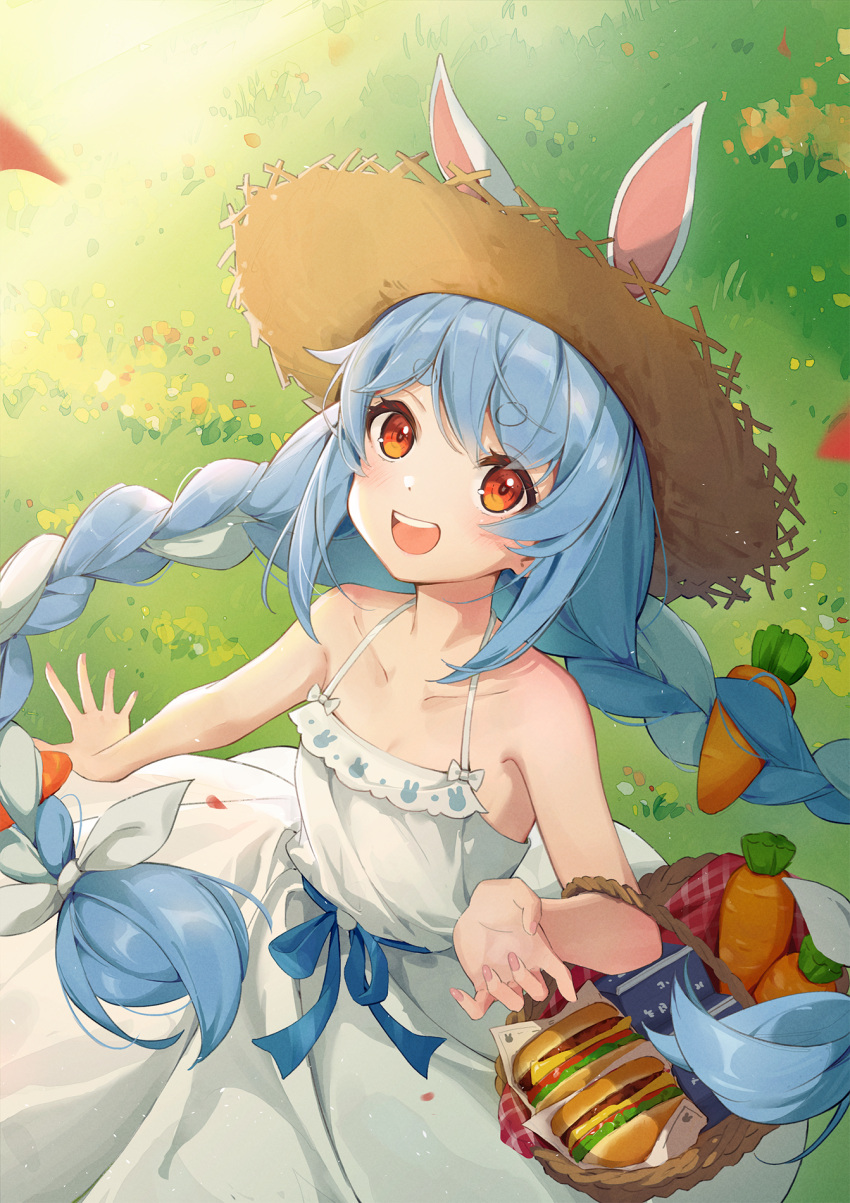1girl :d animal_ears bad_id bad_pixiv_id bangs bare_arms bare_shoulders basket blush braid brown_headwear burger carrot carrot_hair_ornament day dress ears_through_headwear extra_ears food food-themed_hair_ornament from_above grass hair_ornament hat highres hololive long_hair looking_at_viewer looking_up multicolored_hair outdoors rabbit_ears red_eyes short_eyebrows shyi smile solo standing straw_hat streaked_hair sundress thick_eyebrows twin_braids twintails usada_pekora very_long_hair virtual_youtuber white_dress white_hair