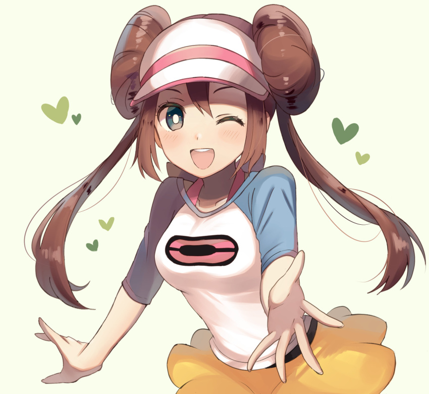 1girl ;d bangs blush bow breasts bright_pupils brown_hair commentary_request double_bun eyelashes hair_bun happy heart highres long_hair looking_at_viewer nasakixoc one_eye_closed open_mouth pink_bow pokemon pokemon_(game) pokemon_bw2 raglan_sleeves rosa_(pokemon) short_shorts shorts smile solo spread_fingers teeth twintails upper_teeth visor_cap white_pupils yellow_shorts
