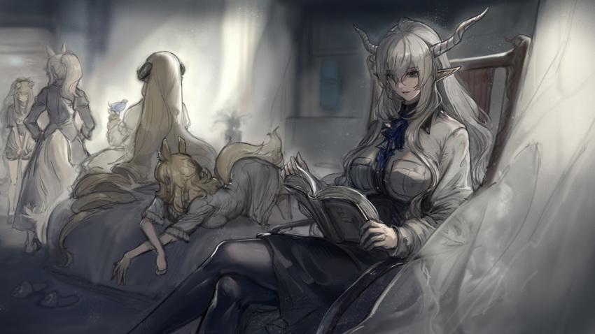 5girls alternate_costume animal_ears arknights bed blemishine_(arknights) blonde_hair blue_bird book breast_pocket casual chair commentary crossed_legs curtains demon_horns english_commentary grey_hair hands_on_hips holding holding_book horns horse_ears horse_girl horse_tail long_hair long_sleeves looking_at_another lying multiple_girls muted_color nearl_(arknights) nightingale_(arknights) on_bed on_stomach open_book pocket pointy_ears ponytail reading ryuuzaki_ichi shining_(arknights) short_sleeves siblings sisters sitting tail very_long_hair whislash_(arknights)